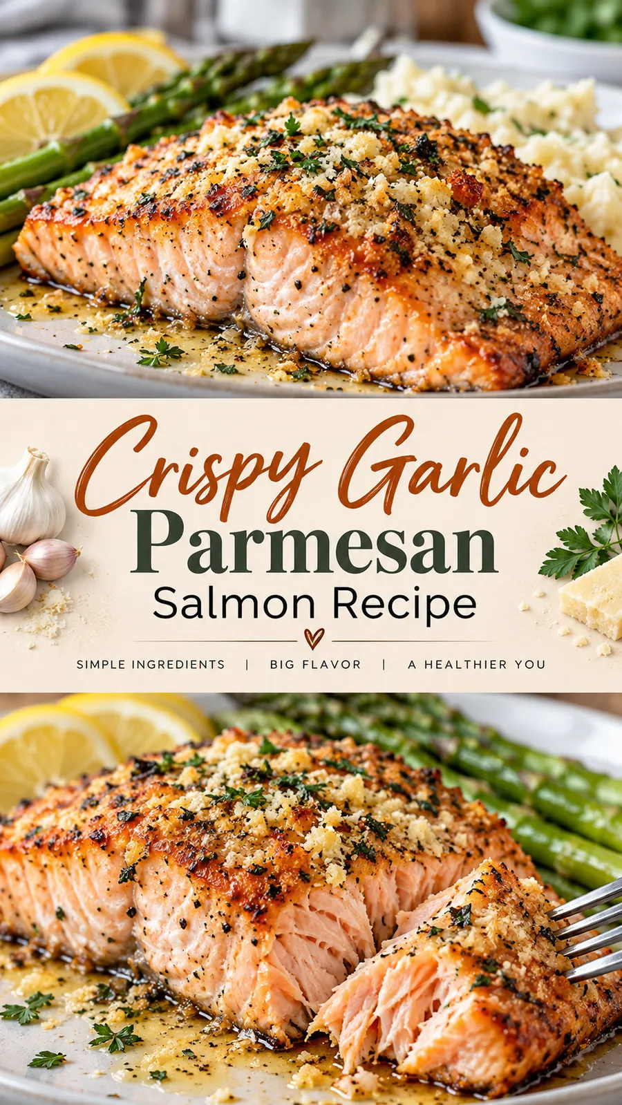 Pinterest image for Crispy Garlic Parmesan Salmon Recipe, with two photos of the recipe