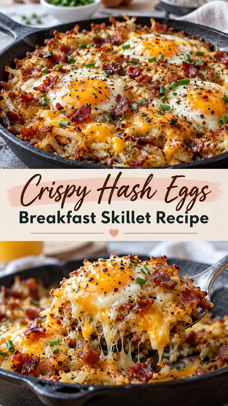 Pinterest image for Crispy Hash Eggs Breakfast Skillet Recipe, with two photos of the recipe