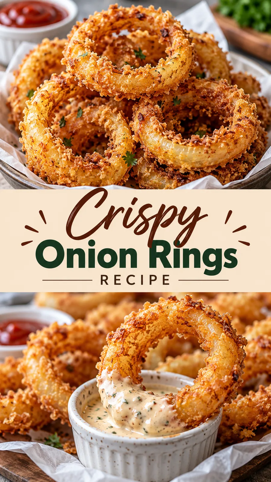 Pinterest image for Crispy Onion Rings Recipe, with two photos of the recipe