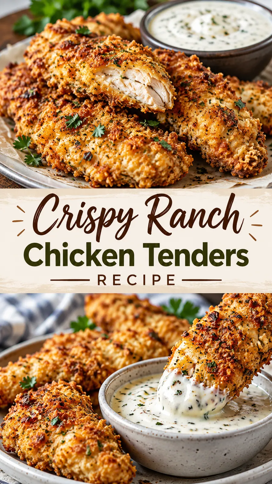 Pinterest image for Crispy Ranch Chicken Tenders Recipe, with two photos of the recipe