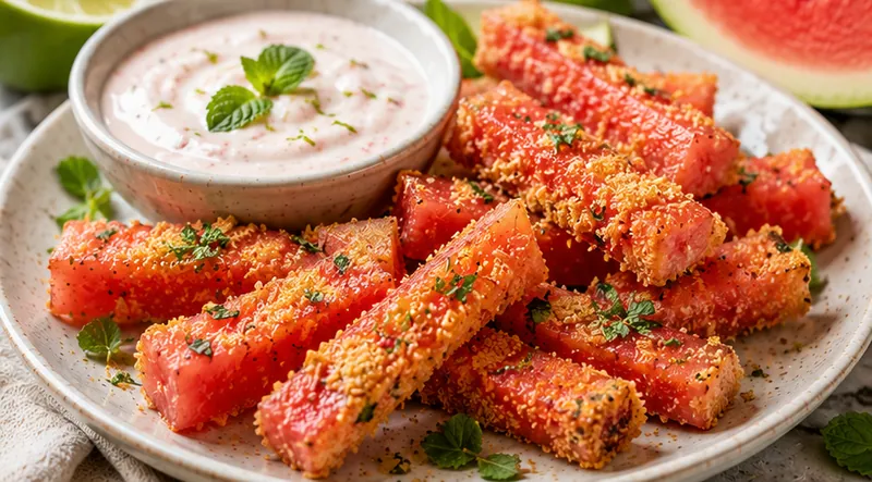 Crispy Watermelon Fries with Sweet Yogurt Dip, ready to serve
