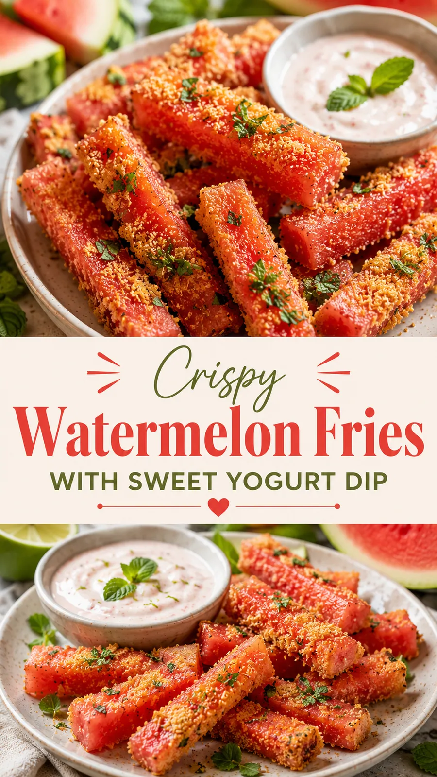 Pinterest image for Crispy Watermelon Fries With Sweet Yogurt Dip, with two photos of the recipe