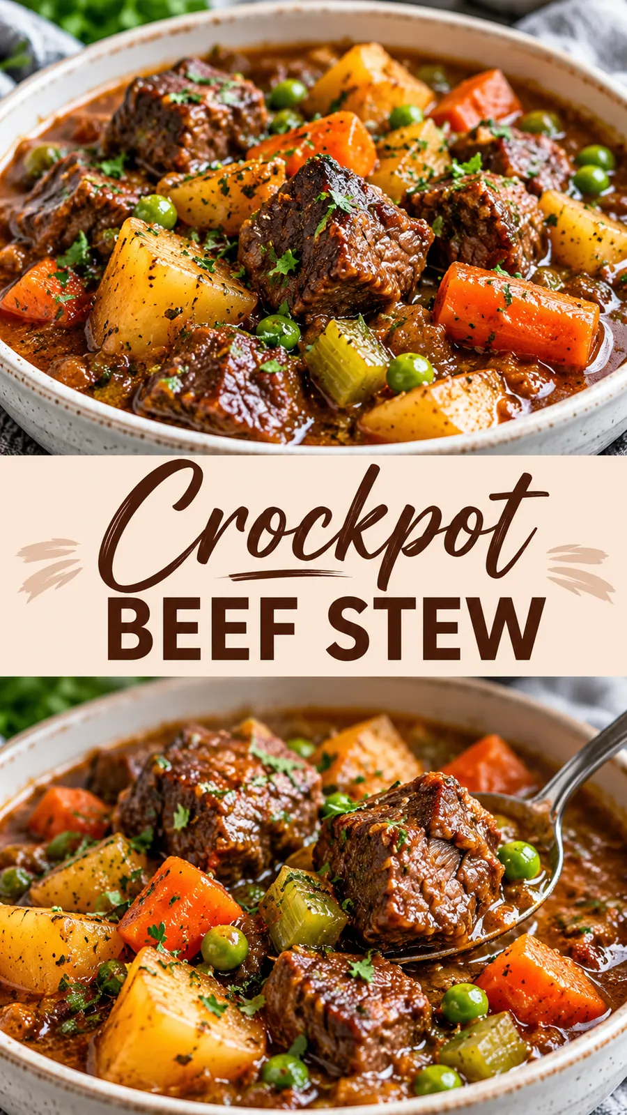 Pinterest image for Crockpot Beef Stew, with two photos of the recipe