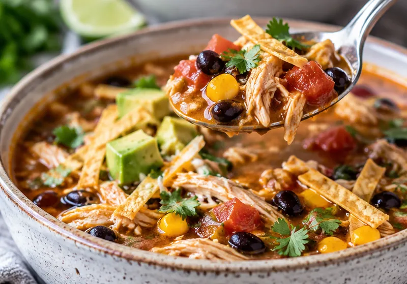 Crockpot Chicken Tortilla Soup, ready to serve