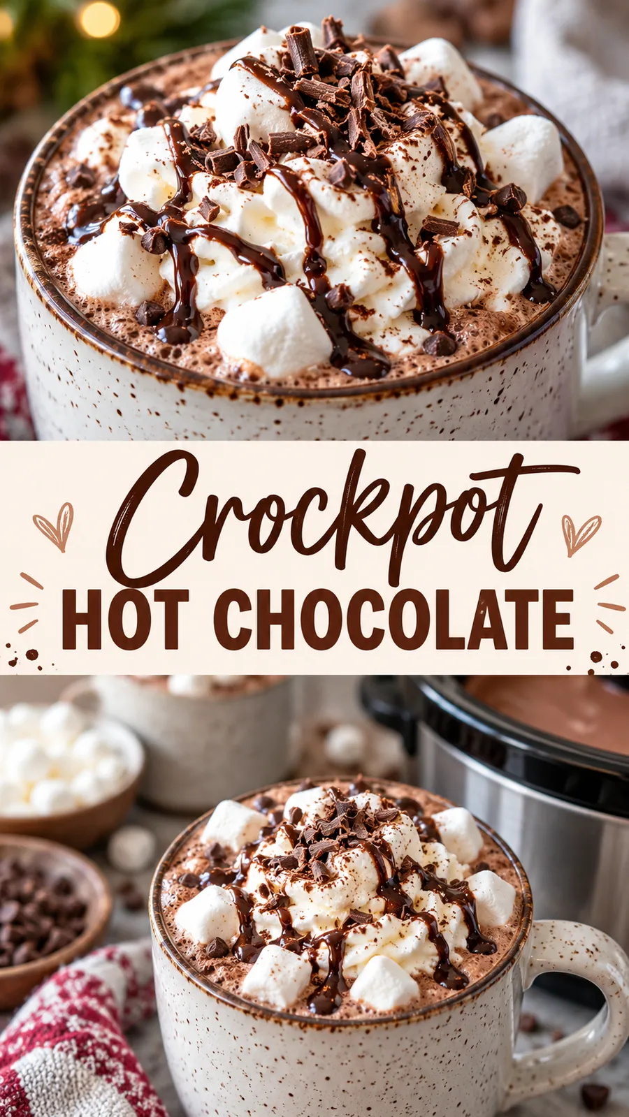 Pinterest image for Crockpot Hot Chocolate, with two photos of the recipe
