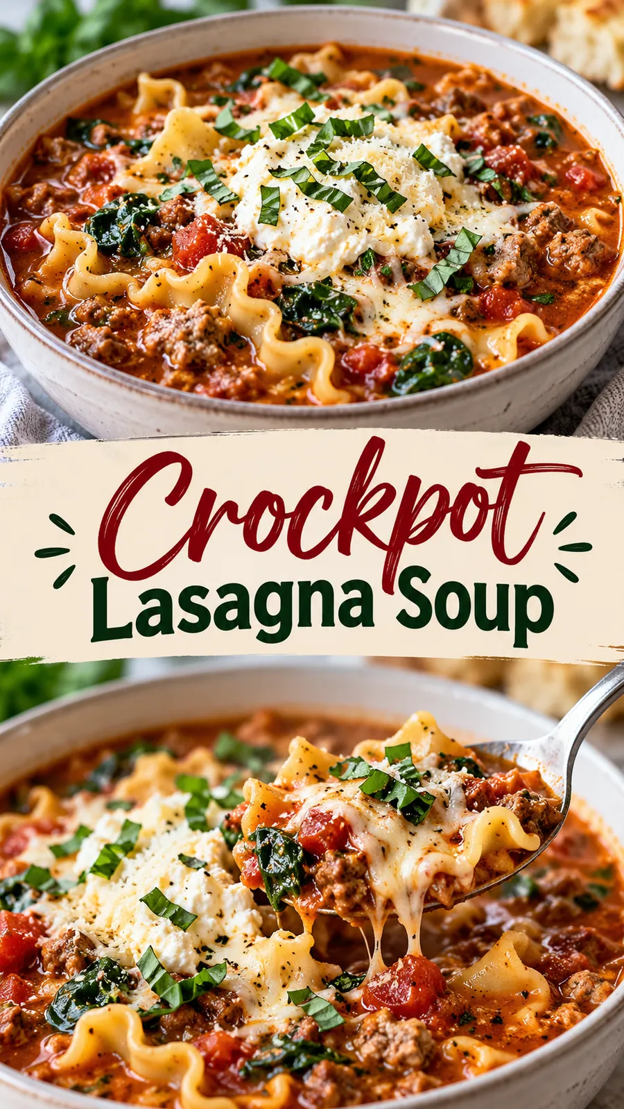 Pinterest image for Crockpot Lasagna Soup, with two photos of the recipe