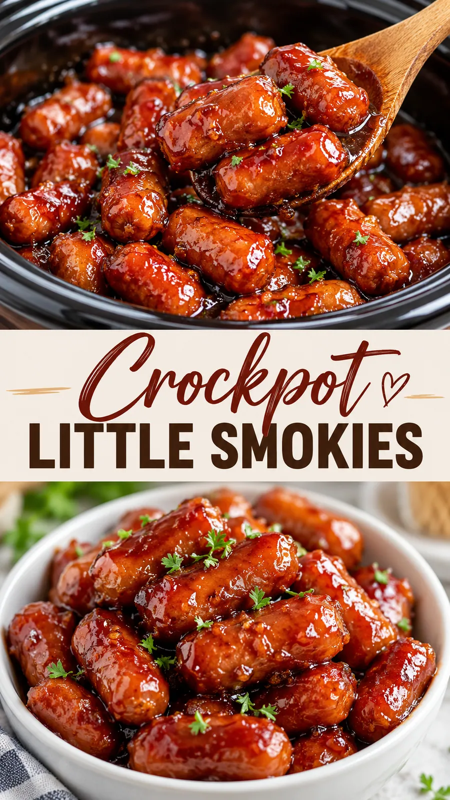 Pinterest image for Crockpot Little Smokies, with two photos of the recipe