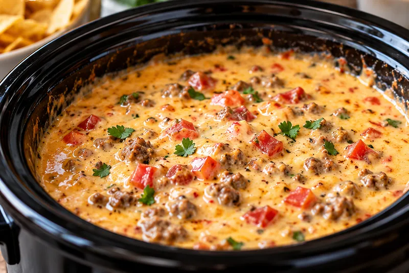 Crockpot Queso Dip, ready to serve