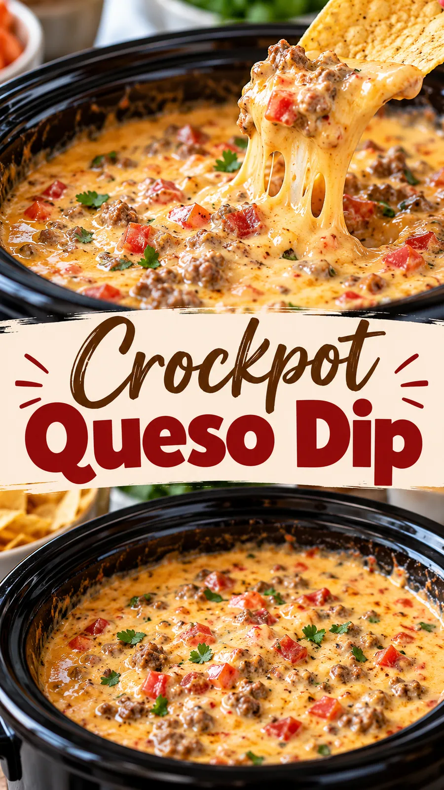 Pinterest image for Crockpot Queso Dip, with two photos of the recipe