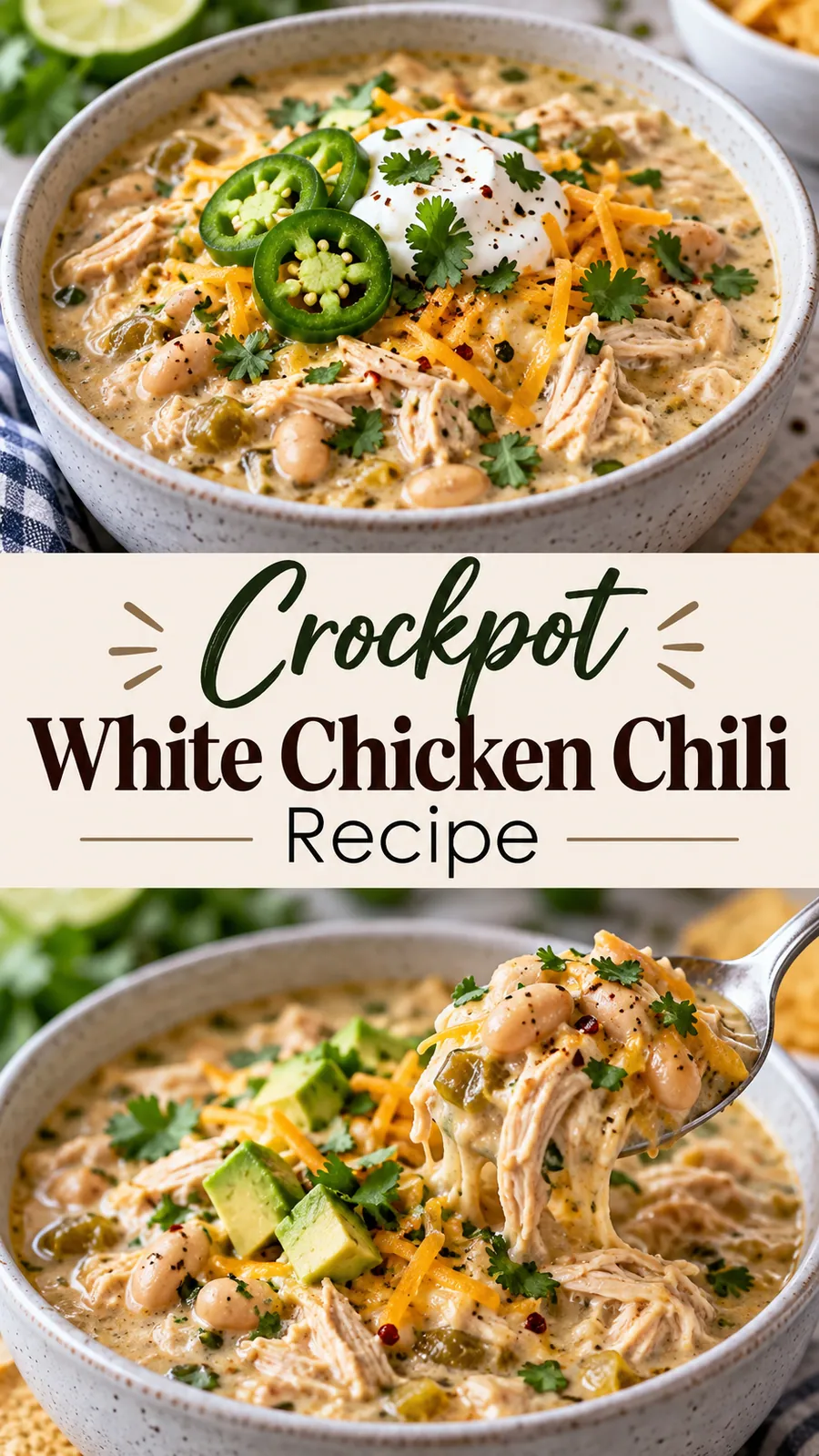 Pinterest image for Crockpot White Chicken Chili Recipe, with two photos of the recipe