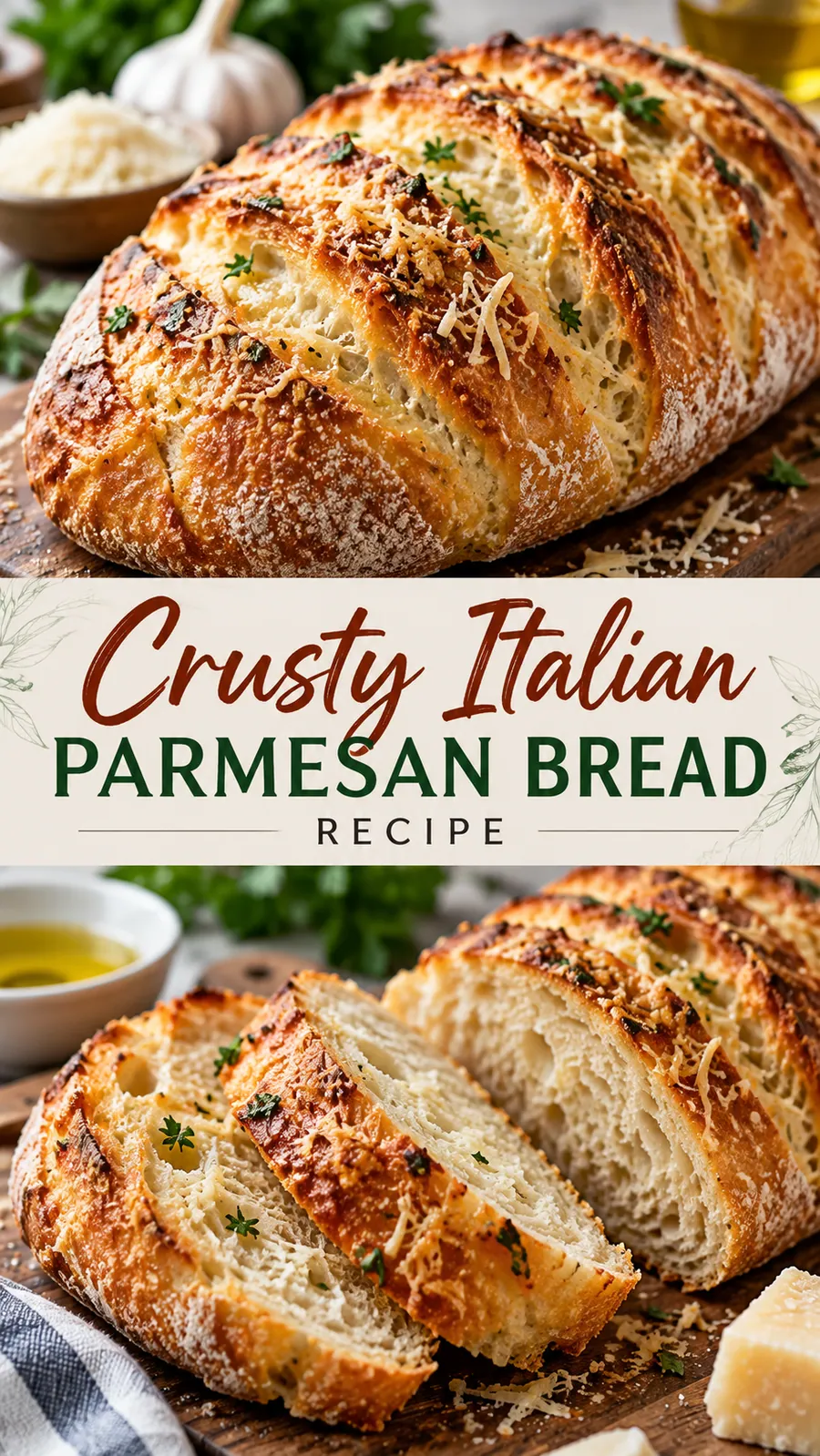 Pinterest image for Crusty Italian Parmesan Bread Recipe, with two photos of the recipe