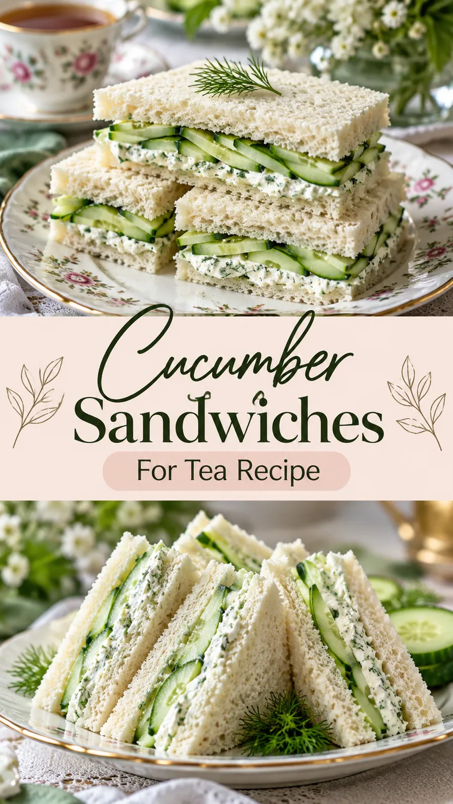 Pinterest image for Cucumber Sandwiches For Tea Recipe, with two photos of the recipe