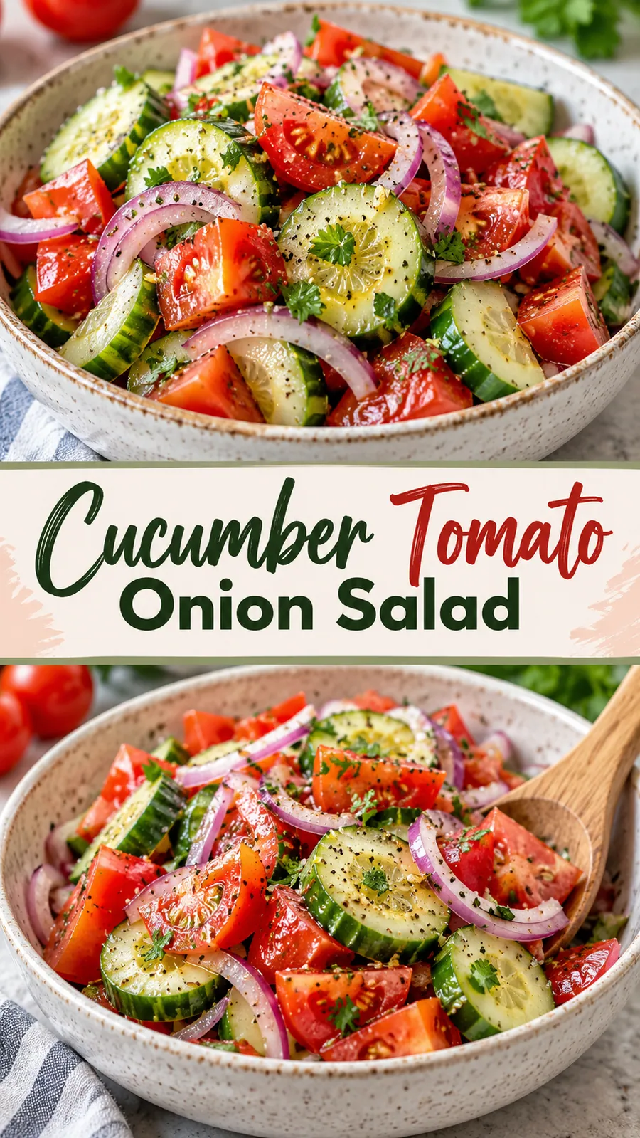 Pinterest image for Cucumber Tomato Onion Salad, with two photos of the recipe