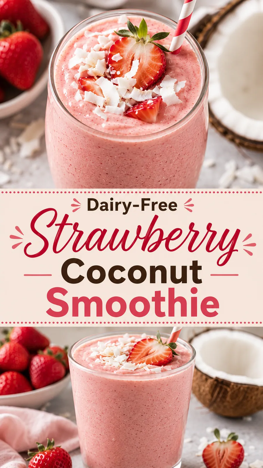 Pinterest image for Dairy-Free Strawberry Coconut Smoothie Recipe, with two photos of the recipe