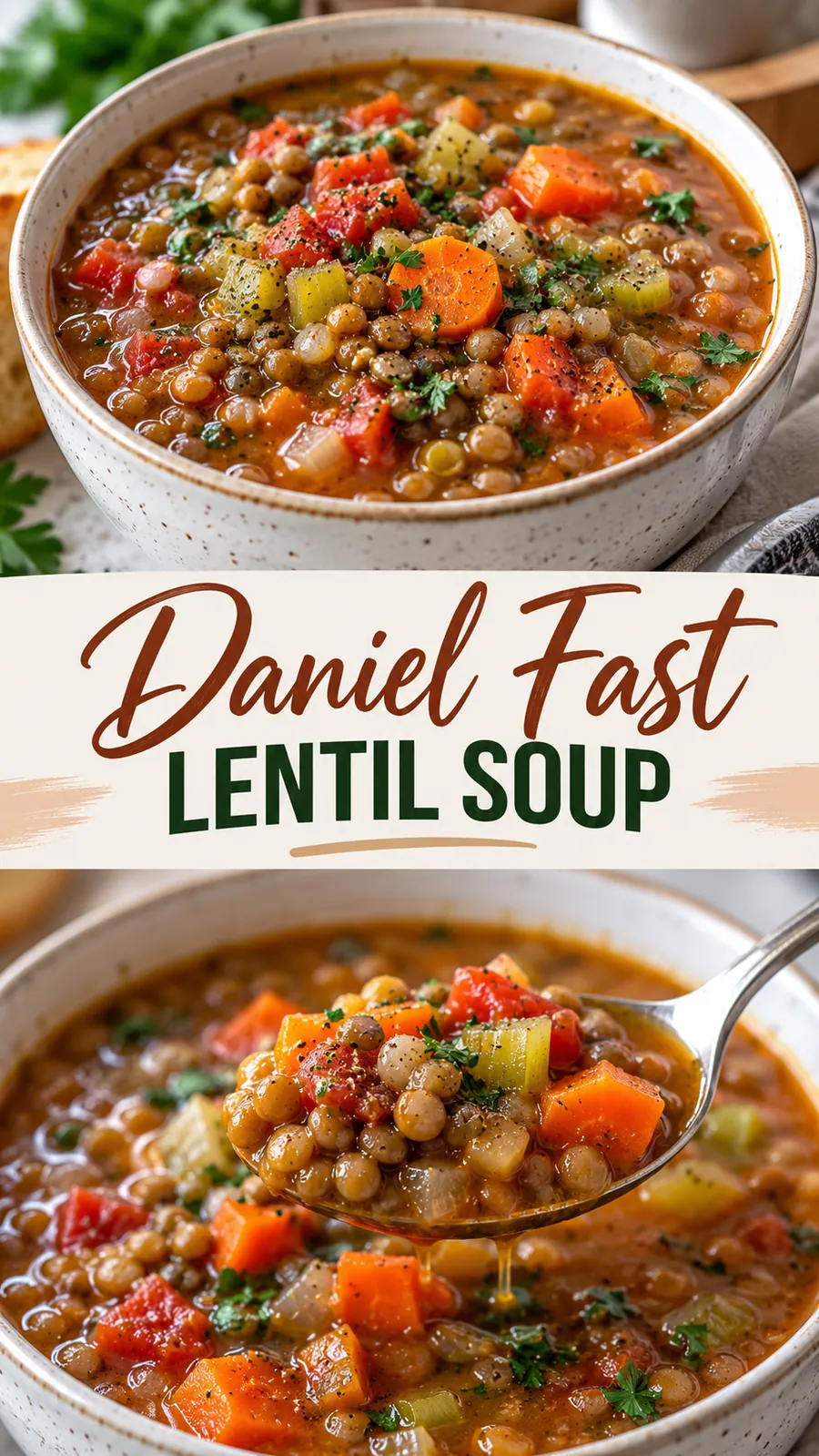 Pinterest image for Daniel Fast Lentil Soup, with two photos of the recipe