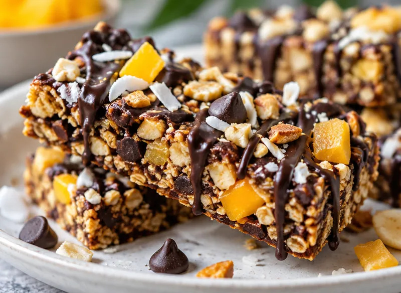 Dark Chocolate Tropical Granola Bars, ready to serve