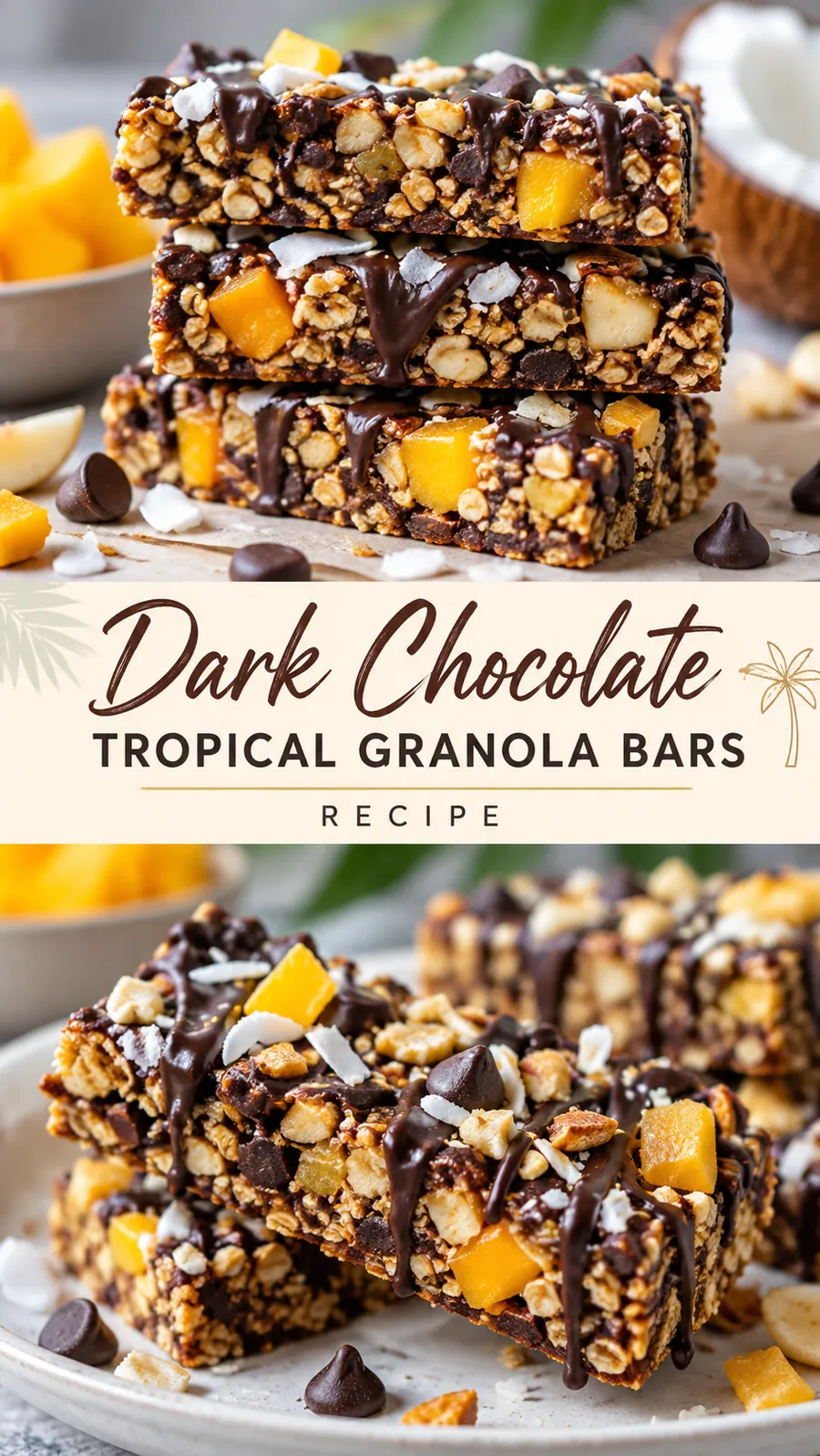 Pinterest image for Dark Chocolate Tropical Granola Bars Recipe, with two photos of the recipe