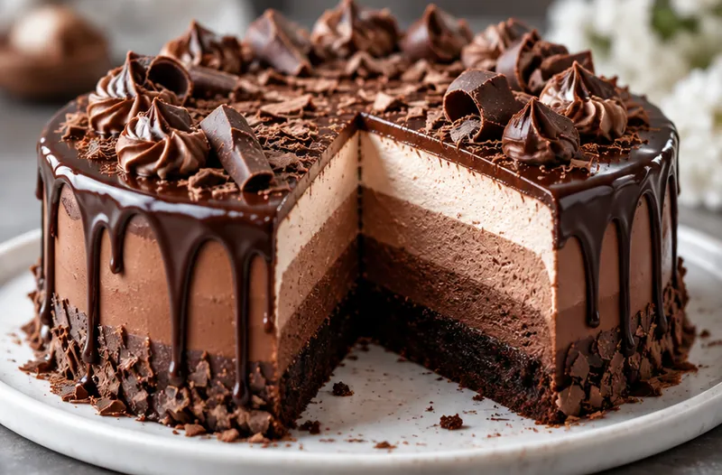 Decadent Triple Chocolate Mousse Cake, ready to serve