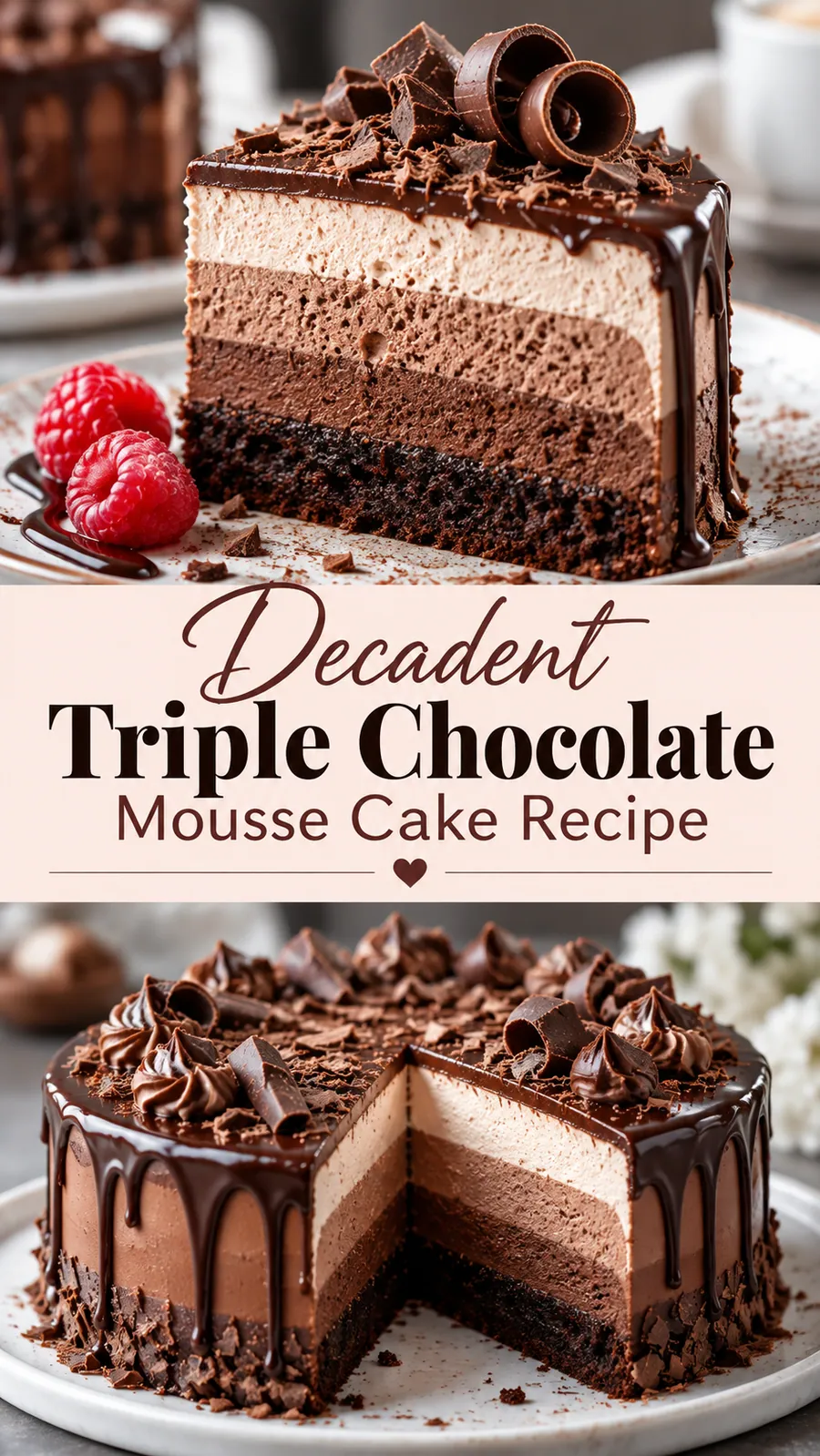 Pinterest image for Decadent Triple Chocolate Mousse Cake Recipe, with two photos of the recipe