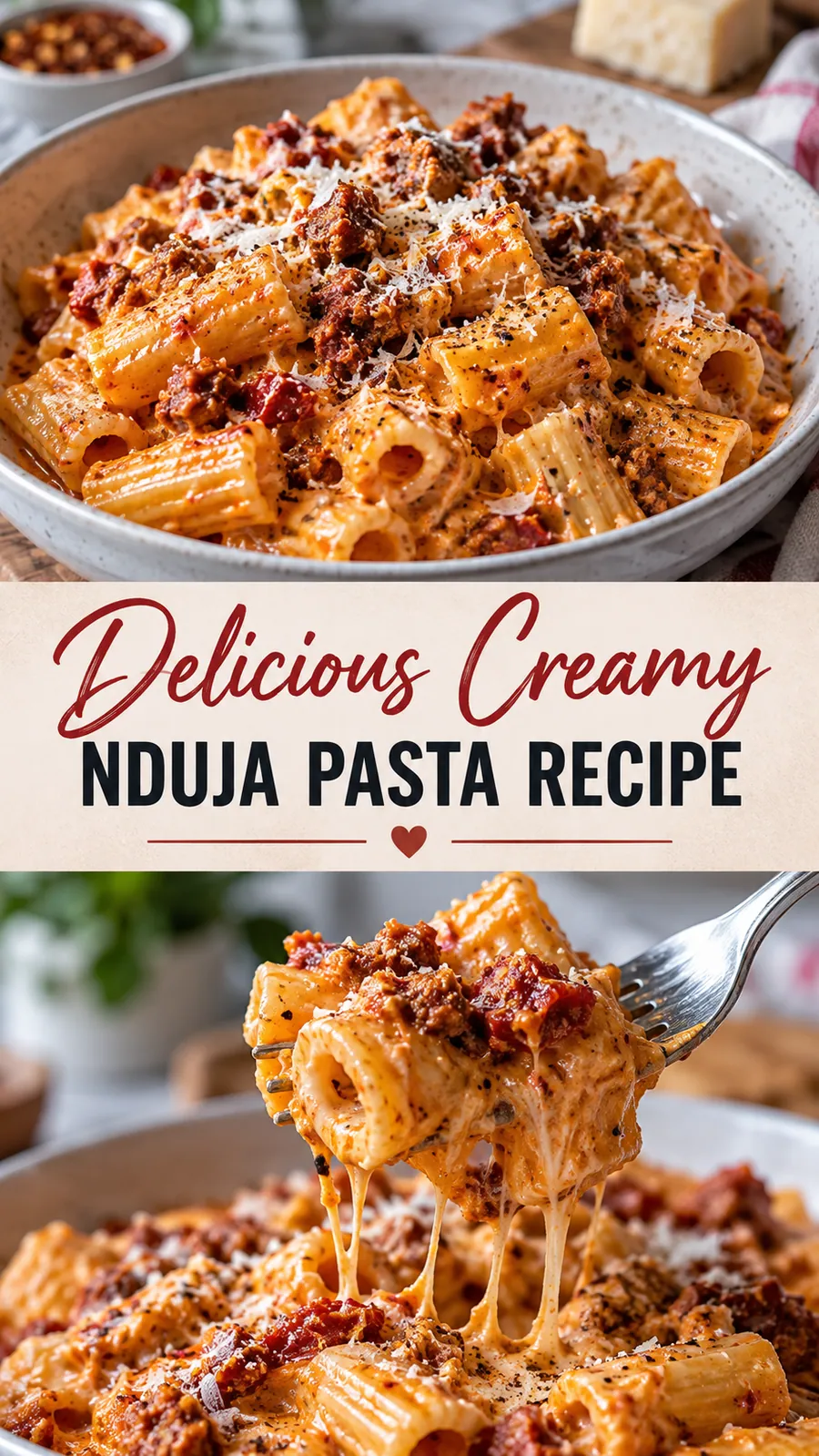 Pinterest image for Delicious Creamy Nduja Pasta Recipe, with two photos of the recipe