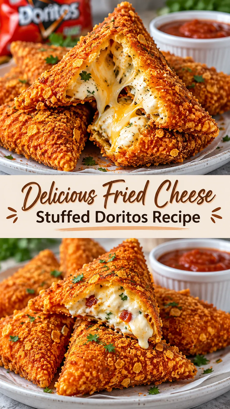 Pinterest image for Delicious Fried Cheese Stuffed Doritos Recipe, with two photos of the recipe