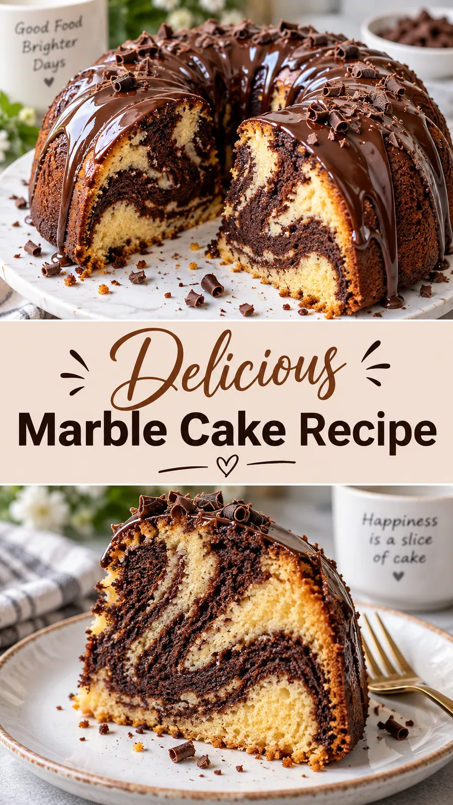 Pinterest image for Delicious Marble Cake Recipe, with two photos of the recipe