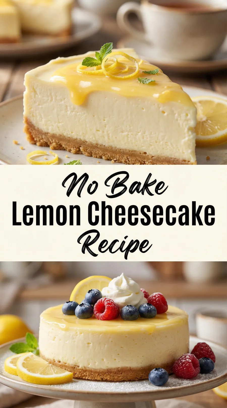 Pinterest image for Delicious No Bake Lemon Cheesecake Full Recipe, with two photos of the recipe
