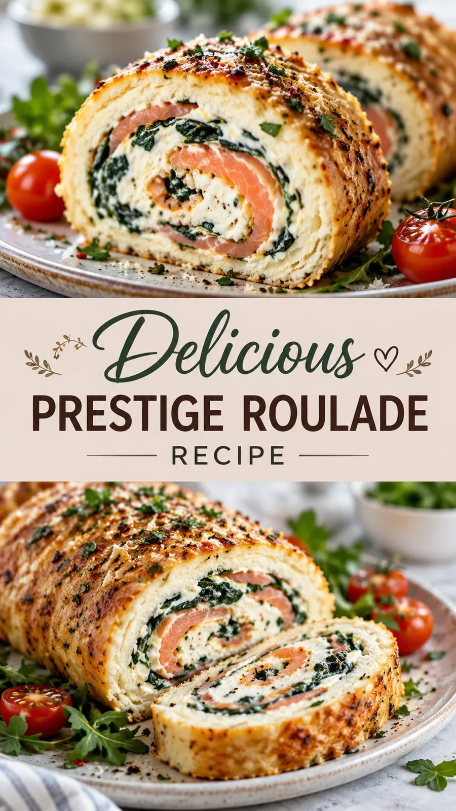 Pinterest image for Delicious Prestige Roulade Recipe, with two photos of the recipe