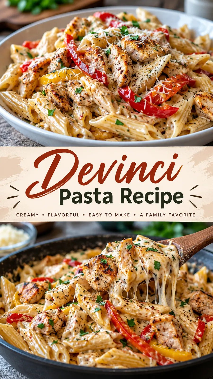 Pinterest image for Devinci Pasta Recipe, with two photos of the recipe