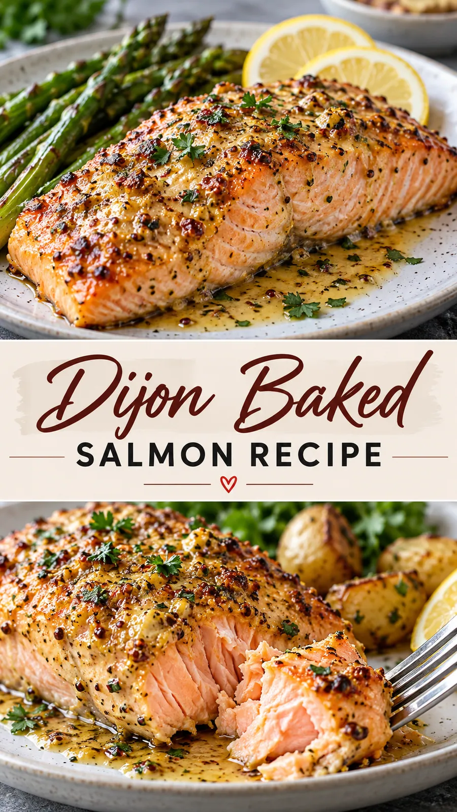 Pinterest image for Dijon Baked Salmon Recipe, with two photos of the recipe