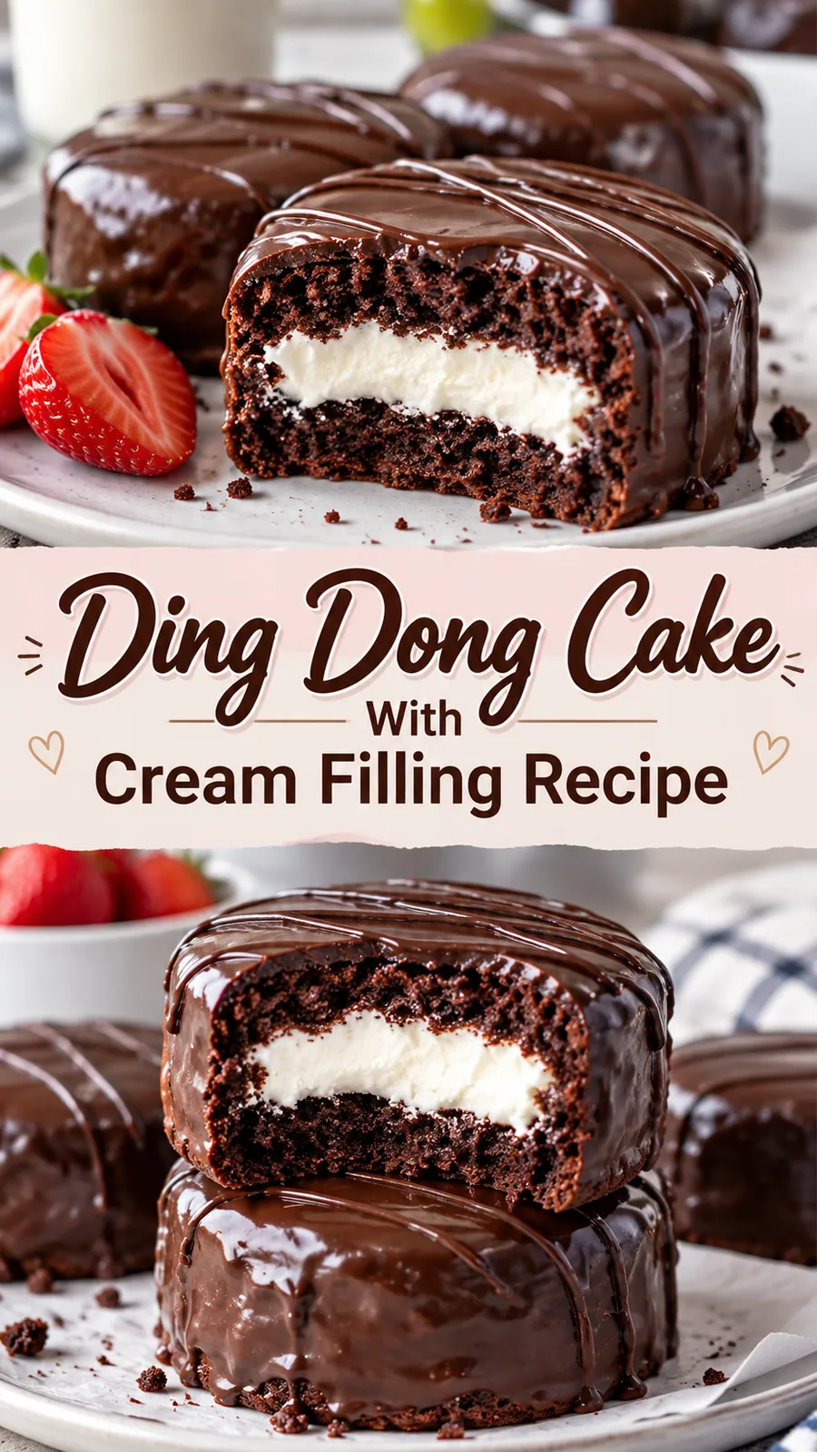 Pinterest image for Ding Dong Cake With Cream Filling Recipe, with two photos of the recipe