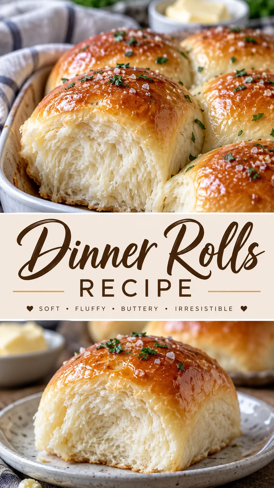 Pinterest image for Dinner Rolls Recipe, with two photos of the recipe