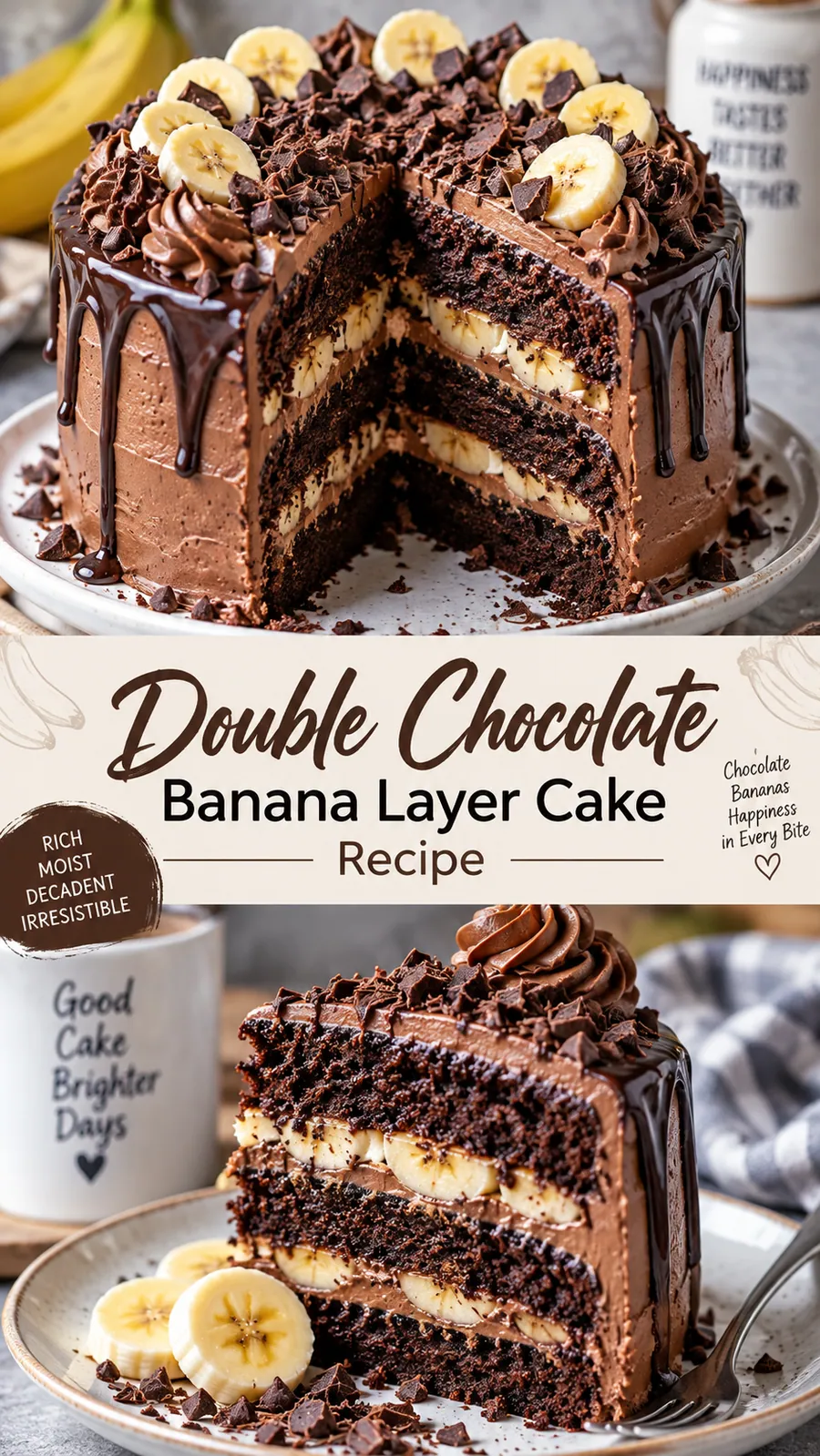 Pinterest image for Double Chocolate Banana Layer Cake Recipe, with two photos of the recipe