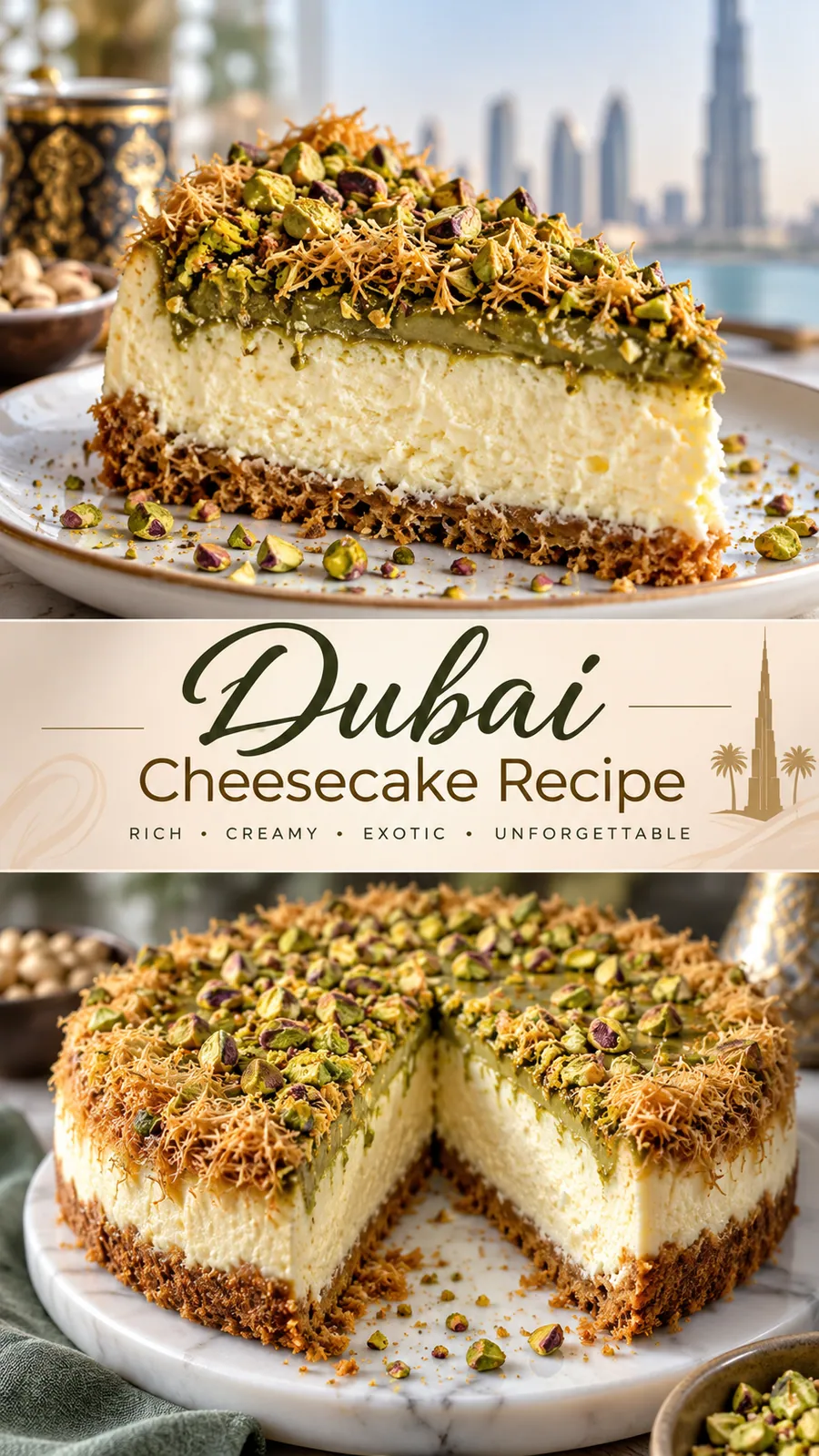 Pinterest image for Dubai Cheesecake Recipe, with two photos of the recipe