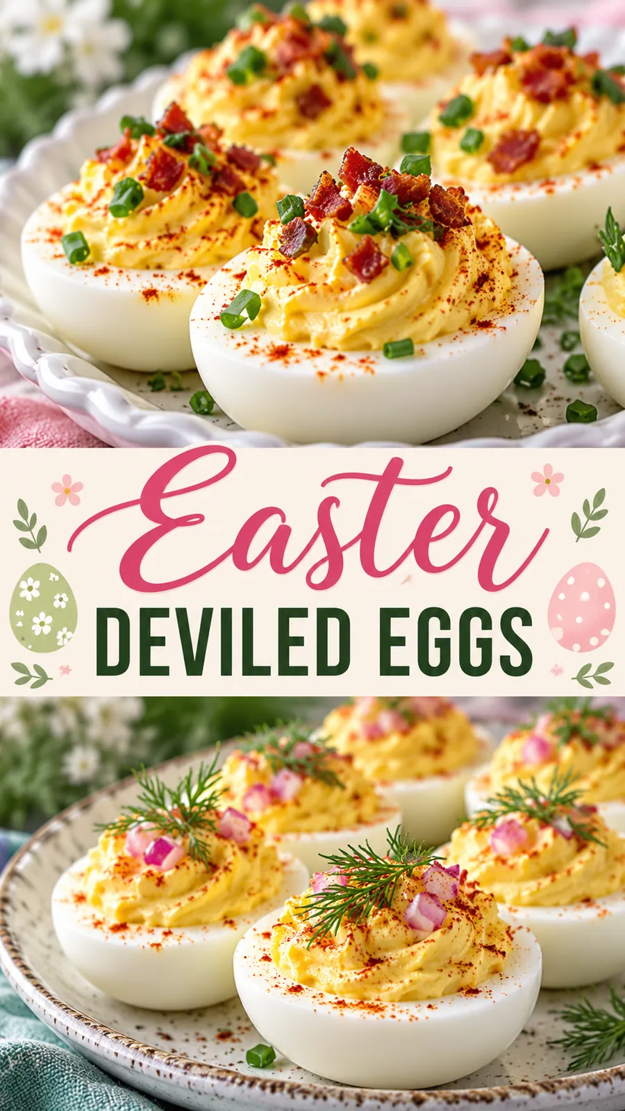 Pinterest image for Easter Deviled Eggs, with two photos of the recipe