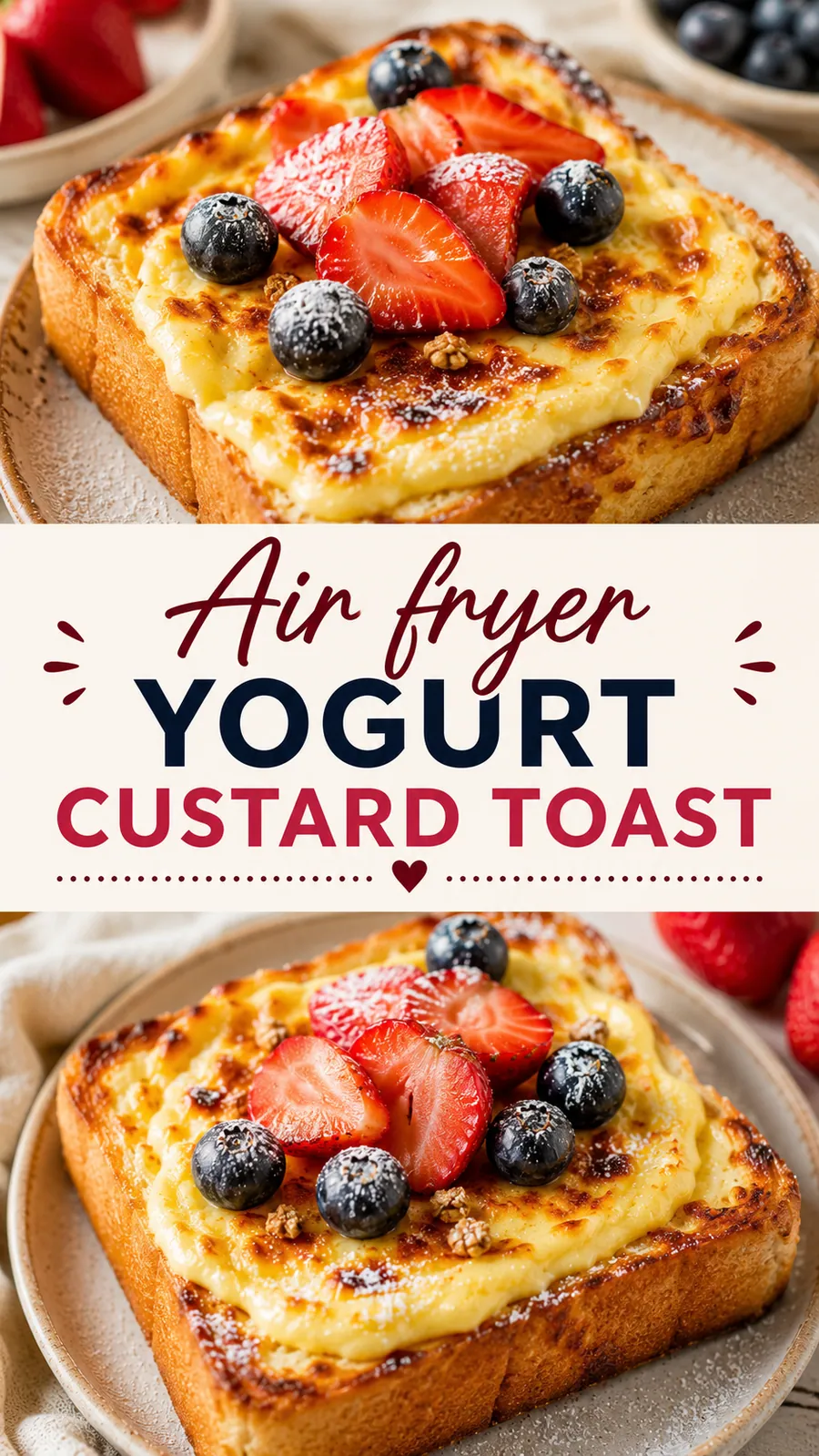 Pinterest image for Easy Air Fryer Yogurt Custard Toast Recipe, with two photos of the recipe