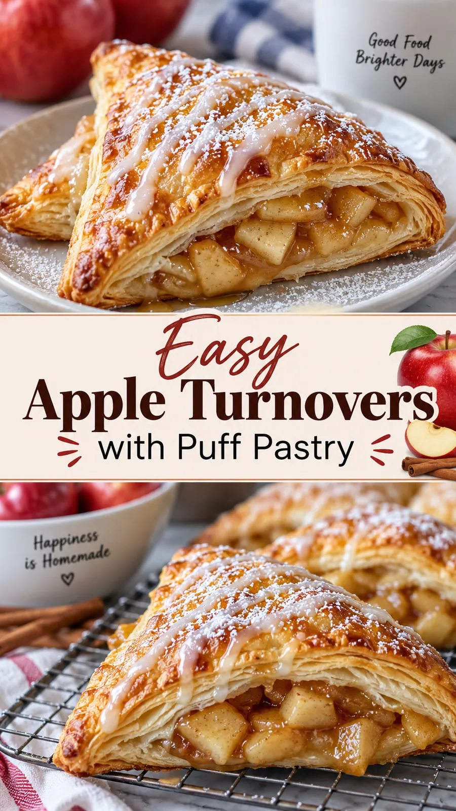 Pinterest image for Easy Apple Turnovers with Puff Pastry, with two photos of the recipe