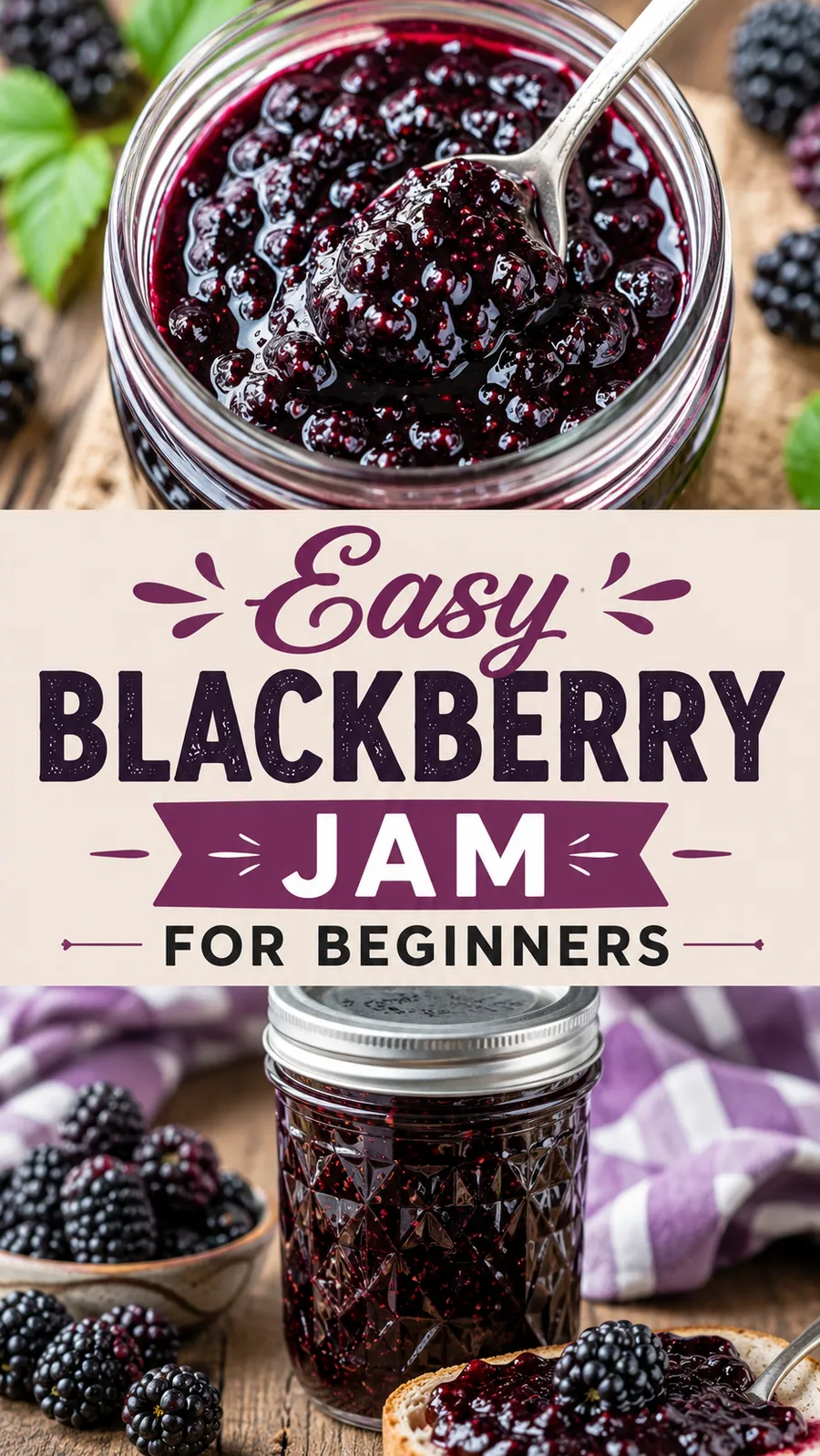 Pinterest image for Easy Blackberry Jam For Beginners, with two photos of the recipe
