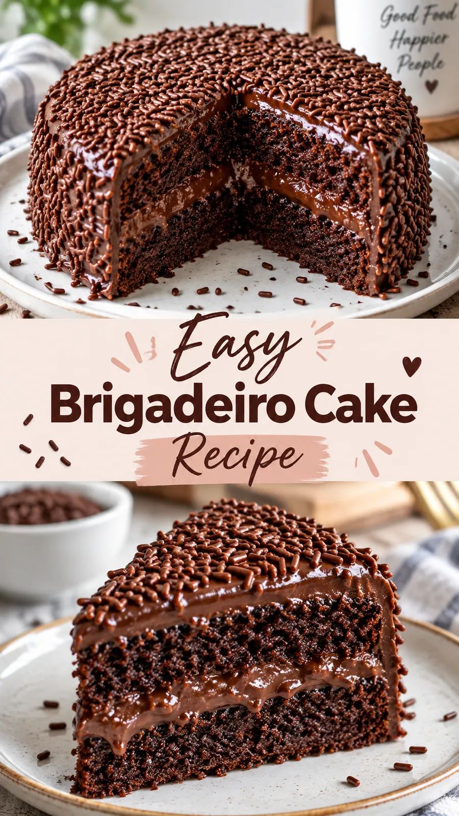 Pinterest image for Easy Brigadeiro Cake Recipe, with two photos of the recipe