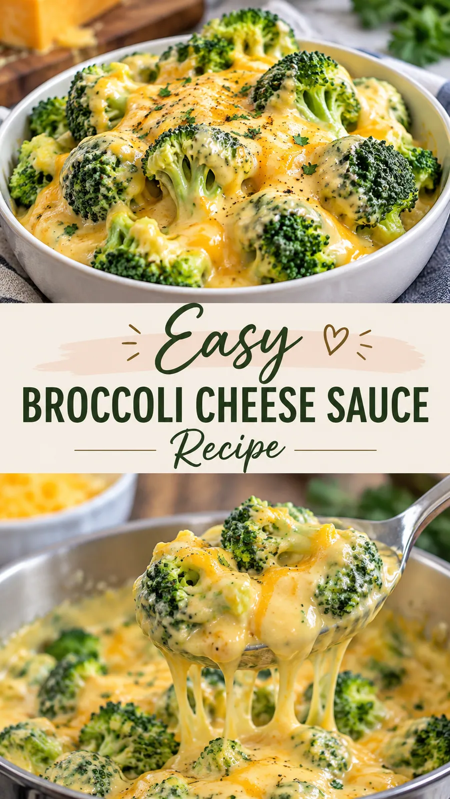Pinterest image for Easy Broccoli Cheese Sauce Recipe, with two photos of the recipe