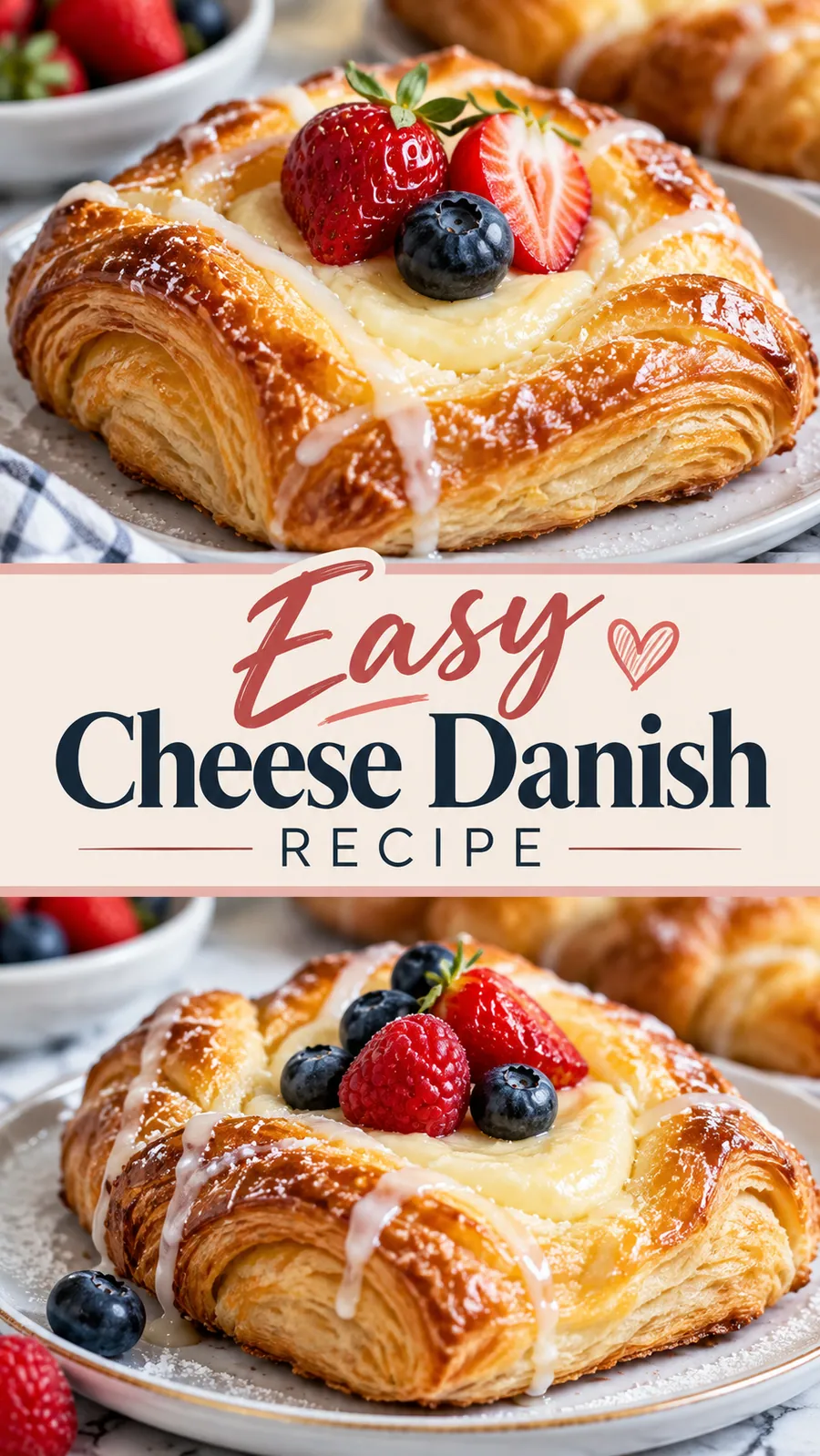 Pinterest image for Easy Cheese Danish Recipe, with two photos of the recipe
