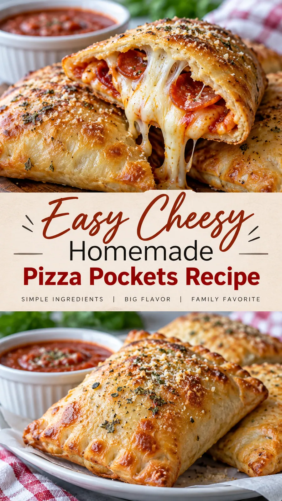 Pinterest image for Easy Cheesy Homemade Pizza Pockets Recipe, with two photos of the recipe