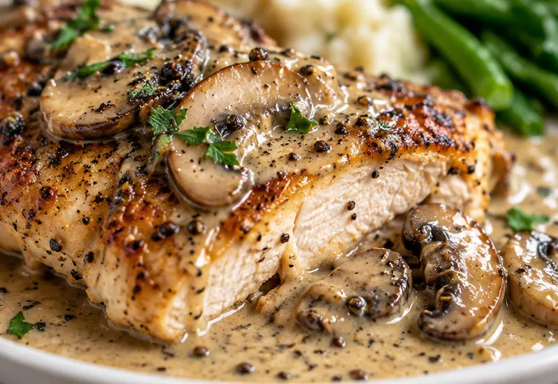 Easy Chicken au Poivre with Mushroom Sauce, ready to serve