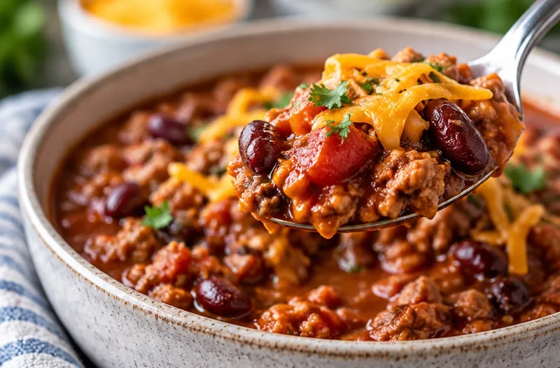 Easy Crockpot Turkey Chili, ready to serve