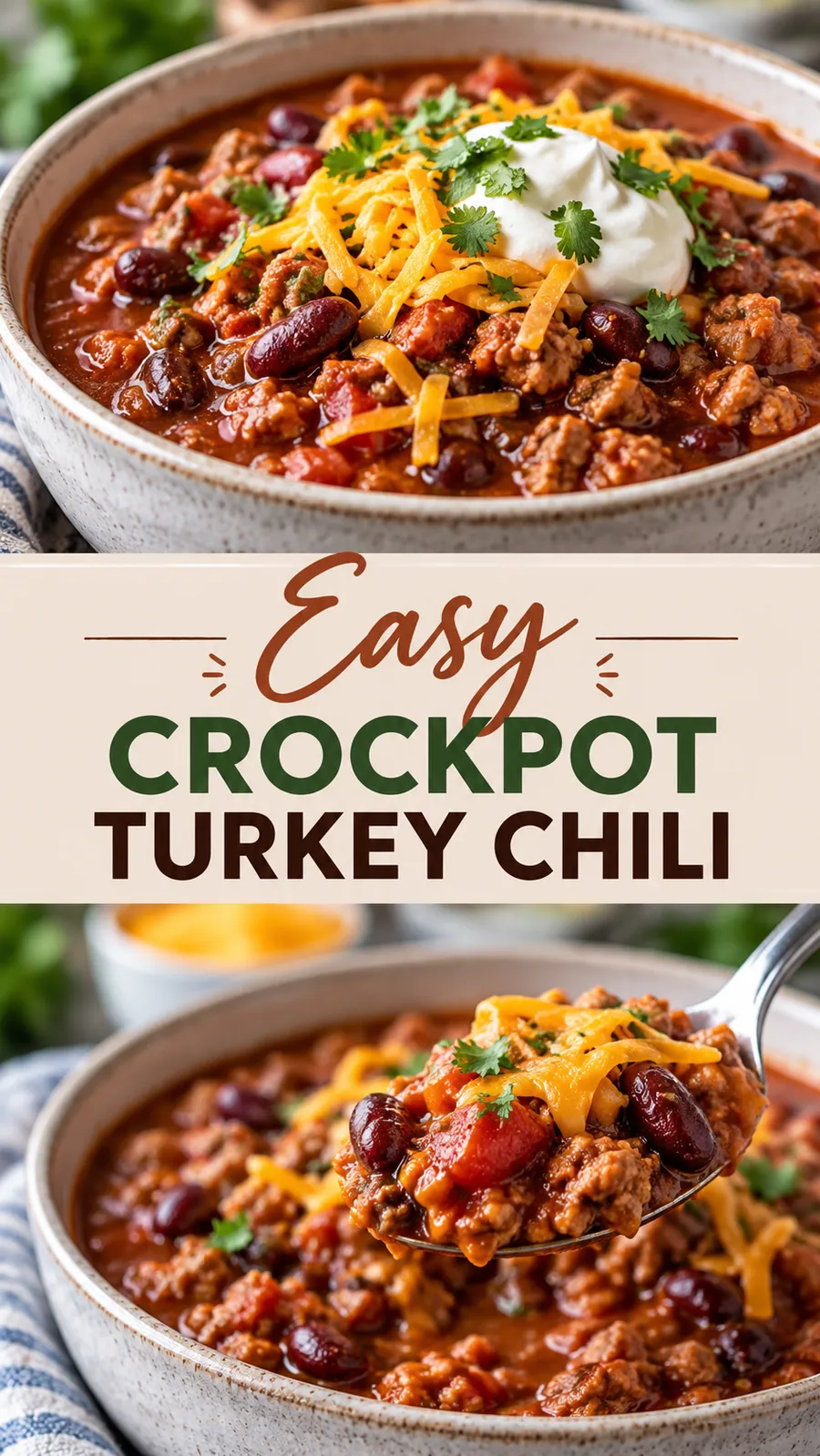 Pinterest image for Easy Crockpot Turkey Chili, with two photos of the recipe