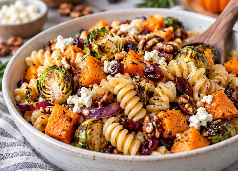 Easy Fall Pasta Salad with Roasted Vegetables, ready to serve