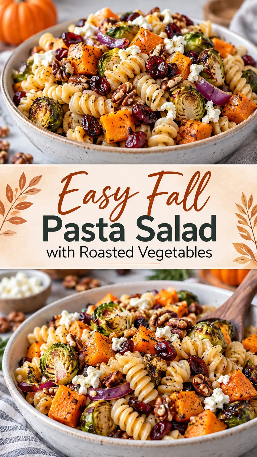 Pinterest image for Easy Fall Pasta Salad with Roasted Vegetables, with two photos of the recipe
