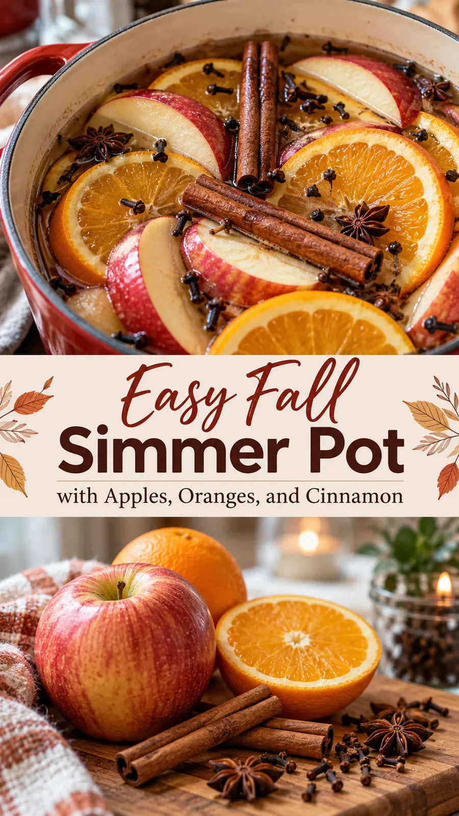 Pinterest image for Easy Fall Simmer Pot with Apples, Oranges, and Cinnamon, with two photos of the recipe