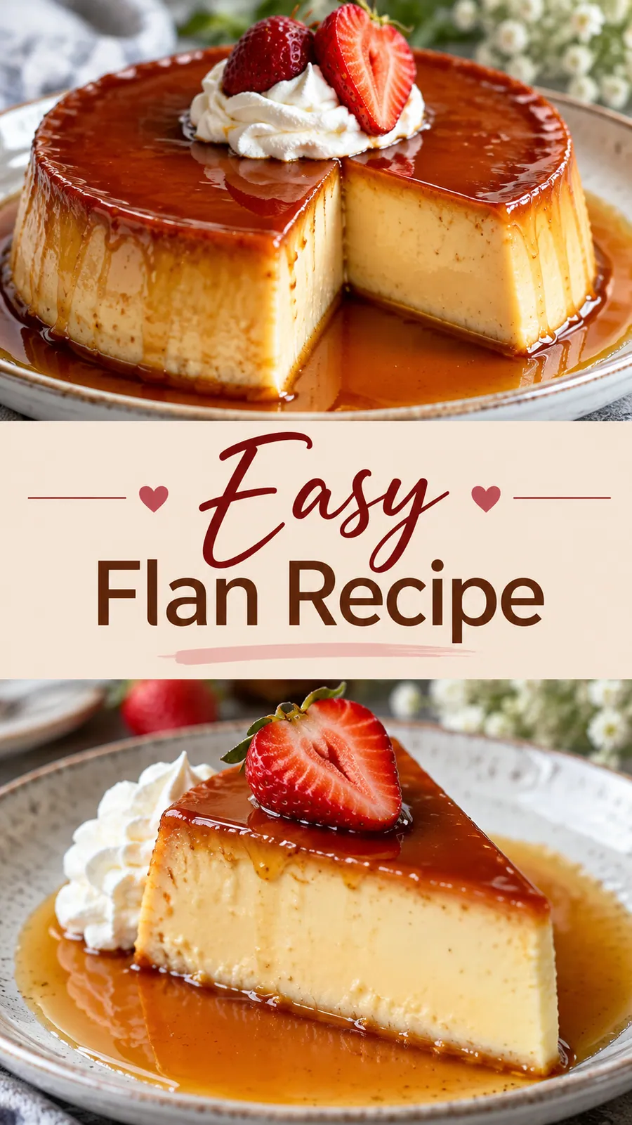 Pinterest image for Easy Flan Recipe, with two photos of the recipe