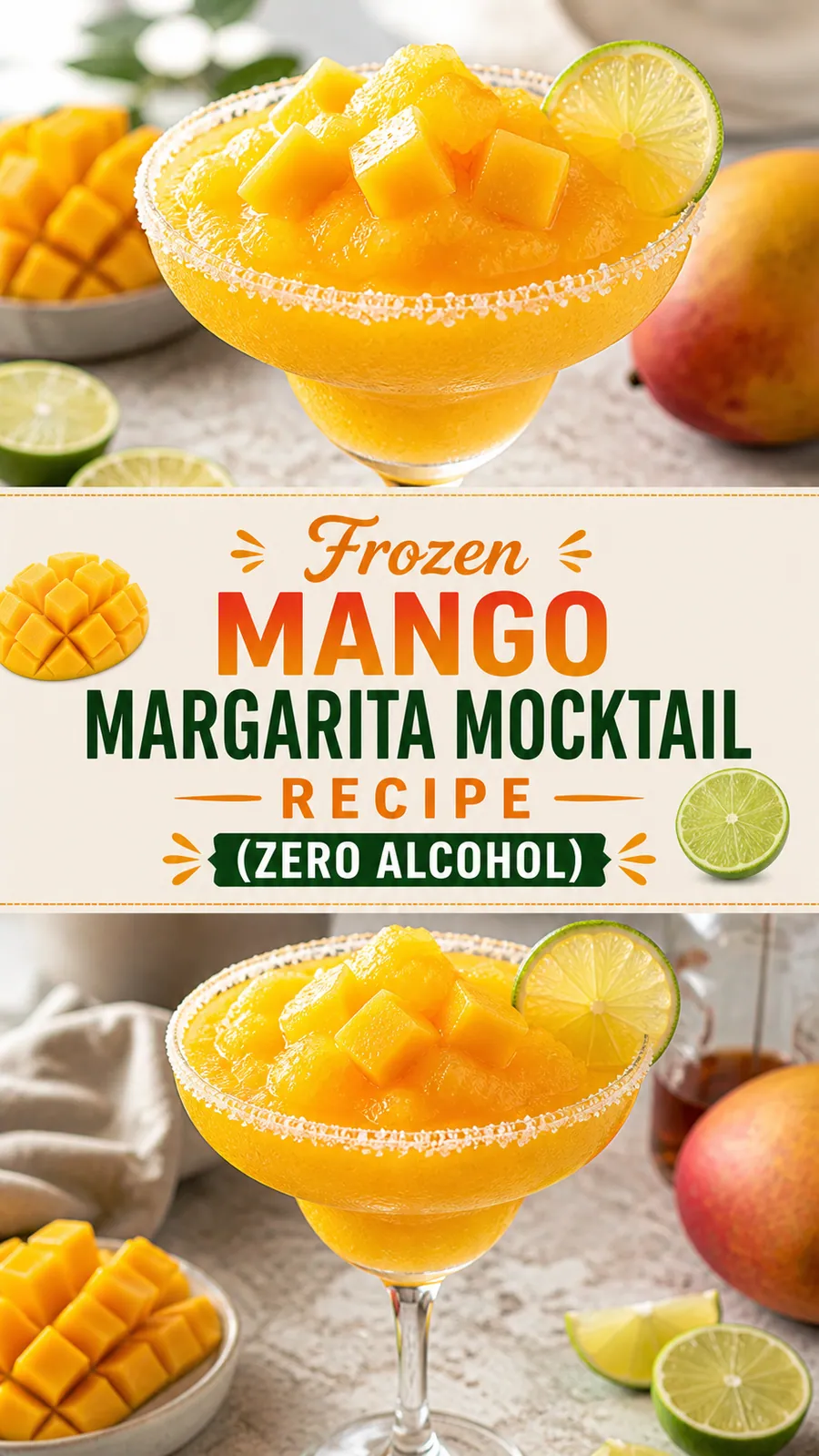 Pinterest image for Easy Frozen Mango Margarita Mocktail Recipe, with two photos of the recipe